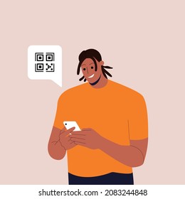 Black Man Holding Smartphone With QR Sign. Concept Of Electronic Id, Identification, Vaccine Passport Or Certificate, QR Verification, Online Shopping. Flat Vector Illustration For UI, App. Eps 10.