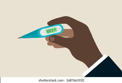 black man holding a thermometer with a temperature of 102.0 indicating a fever
