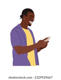 Hombre negro sosteniendo, usando teléfono móvil. Hombre afroamericano sonriente con smartphone en las manos. navegando por Internet, charlando. Dibujo vectorial ilustraciones realistas aisladas en fondo blanco