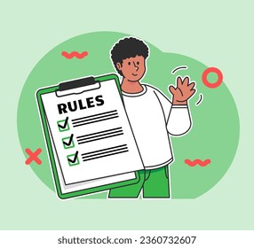 A Black man holds a rules board