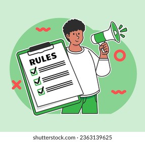 A Black man holds a rules board