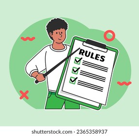A Black man holds a rules board