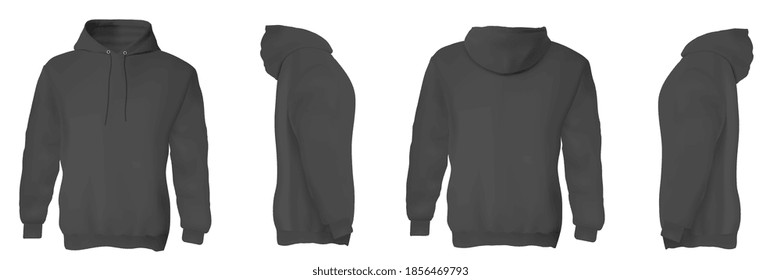 Black man hoodie set. Isolated trendy blank male sweatshirts with hood template set. Front, side and back views of adult man hoodie shirts mockup collection. Casual hooded clothing mock up design