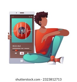 Black man with huge phone and earphones listening to music, audio book or podcast. E-learning, online courses, education, music, broadcast concept. Isolated Vector illustration.