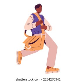 Black man hurrying, going fast on urgent businesses. Busy person rushing, late for work. African-American student with bag running outdoors. Flat vector illustration isolated on white background