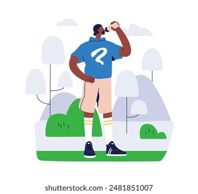 Black man hydrating, drinking water from bottle. Hydration after sport workout, exercise outdoors. Active jogger outdoors, standing with tumbler. Flat vector illustration isolated on white background