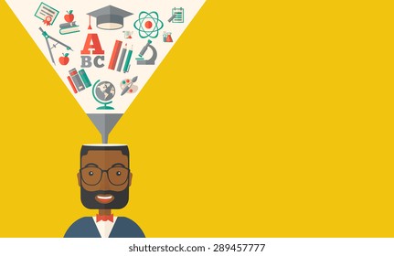 A black man with icons and student ideas. A Contemporary style with pastel palette, dark yellow tinted background. Vector flat design illustration. Horizontal layout with text space in right side.