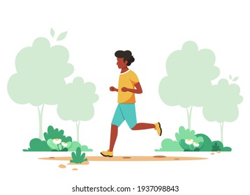 Schwarzer Mann joggt im Frühlingspark. Outdoor Aktivität, gesunder Lebensstil. Vektorgrafik.