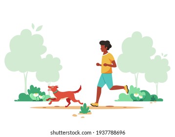 Black man jogging in spring park with dog. Outdoor activity, dog walking. Vector illustration.