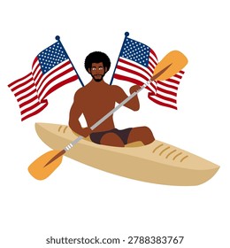 black man kayaking with american flags on fourth july