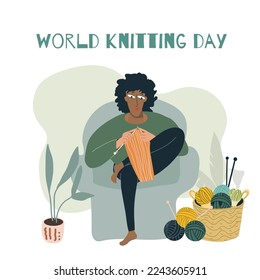 A black man knits in home, sitting on a armchair.
World knitting day. Hobby time. Vector cute flat cartoon. Handmade concept. Cartoon man character.