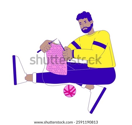 Black man knitting yarn 2D cartoon character. Home crafting. Handmade pastime. African american guy focused relaxed isolated person flat vector on white background. Spot illustration colorful