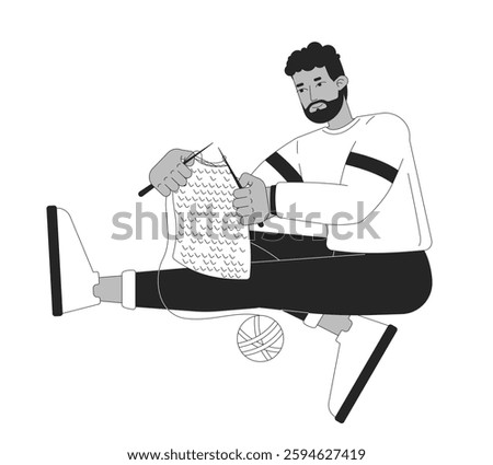 Black man knitting yarn black and white 2D line character. Home crafting. Handmade pastime. African american guy focused relaxed isolated vector outline person. Monochromatic spot illustration