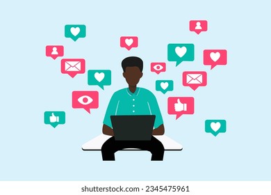 Black man with laptop and browsing nets to chat, get likes and hearts. Online social network, internet laptop. Vector illustration
