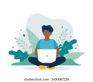 Black man with laptop sitting in nature and leaves. Concept vector illustration for working, freelancing, studying, education, work from home. Illustration in flat cartoon style