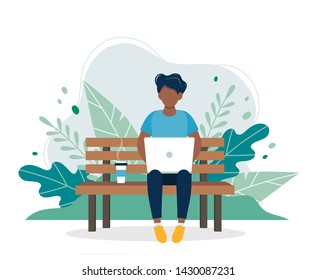 Black man with laptop sitting on the bench in nature and leaves. Concept vector illustration for freelance, working, studying, education, work from home, healthy lifestyle. Illustration in flat style