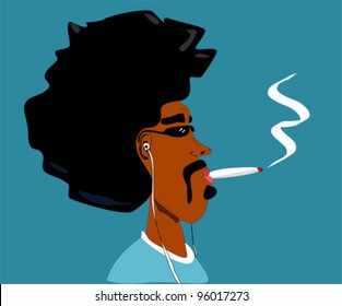 black man with large afro smoking medical marijuana and listening to headphones