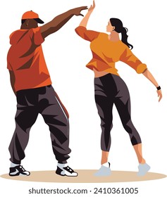 Black man and Latina woman dance together, showing a hip hop high-five. Urban street dancers in action. Dynamic dance moves and modern street style vector illustration.