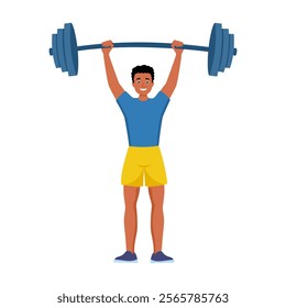 Black man lifting barbell in gym. Guy training strength of muscles at fitness workout, physical exercise of athlete cartoon vector illustration.