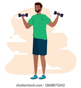 black man lifting weights in front of clouds design, Gym sport and bodybuilding theme Vector illustration