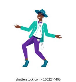 Black man listen music in headphones and dance, African American young boy, vector isolated flat cartoon. Afro American black man in hat listening to music on mobile phone in earphones and dancing