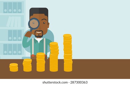 A black man looking his growing business in financial crisis concept. Economy and money, coin and success. A contemporary style with pastel palette soft blue tinted background. Vector flat design