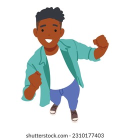 Black Man Looking Up, Showing A Positive "yes" Gesture, Top View. Male Character's Face Beams With Inspiration, Eyes Focused Upward, New Possibilities And Ideas. Cartoon People Vector Illustration