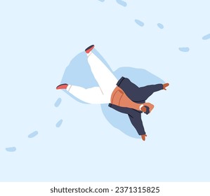 Black man making snow angel, wings prints, lying in snowdrift. Winter holiday fun. Funny person entertaining in frost, cold weather, wintertime leisure, top down view. Flat vector illustration