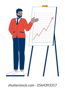 Black man manager pointing on line graph upward arrow easel 2D cartoon character. African american executive revenue growth isolated person flat vector on white background. Spot illustration colorful