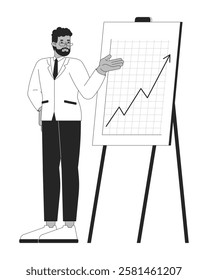 Black man manager pointing on line graph upward arrow easel black and white 2D line character. African american executive revenue growth isolated vector outline person. Monochromatic spot illustration