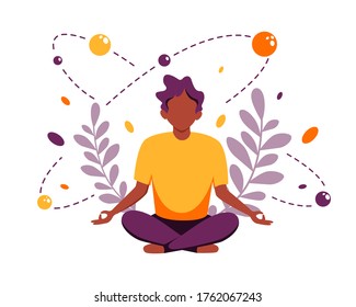 Black man meditating in lotus pose. Yoga, meditation, relax, recreation, healthy lifestyle. Vector illustration.