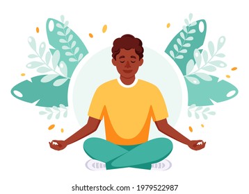 Black man meditating in lotus pose. Healthy lifestyle, wellbeing, relax, meditation. Vector illustration