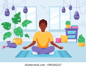 Black man meditating in lotus pose in cozy modern interior. Vector illustration