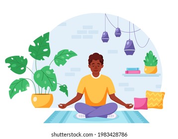 Black man meditating in lotus pose in loft interior. Vector illustration