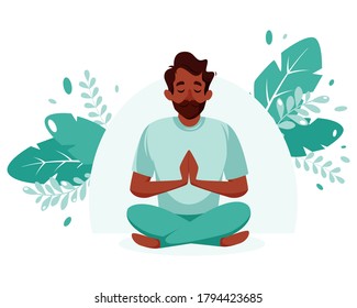 Black man meditating on leaves background. Concept illustration for healthy lifestyle, yoga, meditation, relax, recreation. Vector illustration in flat style.
