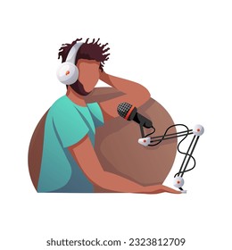 Black Man with microphone and headphones recording podcast. Streaming, Online show, blogging, podcasting, radio broadcasting concept. Isolated Vector illustration.