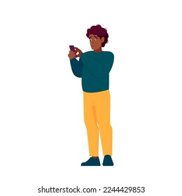 Black Man with Mobile Phone, Cellphone Communication Concept. Cheerful Male Character Scroll Through Messages on Smartphone, Gadget Addiction, Network Connection. Cartoon Vector Illustration