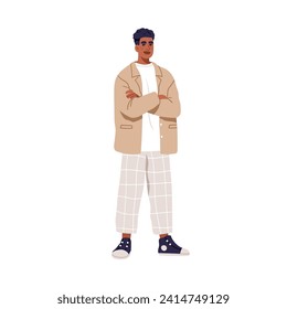 Hombre negro con ropa de moda moderna. Joven latino parado con los brazos cruzados, usando zapatillas, azulejos, ropa, atuendo a la moda. Ilustración vectorial plana aislada en fondo blanco