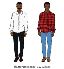 A black man with a mustache. A man in a shirt and jeans. Young stylish man. Vector image of a black man.