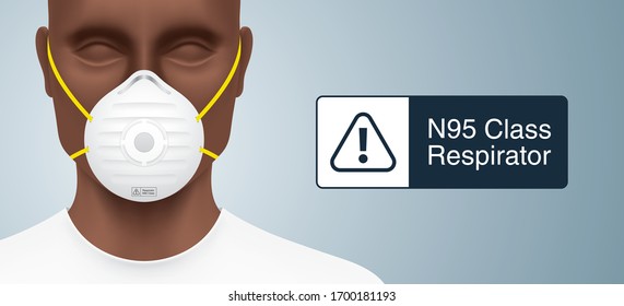 Black man with N95 medical face mask, standing on a gray gradient background. Closeup shot of African-American person, with a virus protection mask on his face. Healthcare banner vector design.