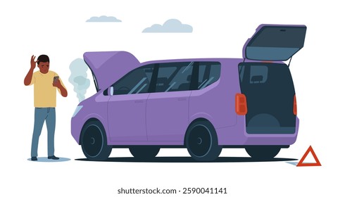 A black man near a broken down car with the hood open. Vector illustration.