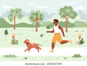 Hombre negro corriendo con perro en el parque. Corre en la calle con tu mascota. Ilustración vectorial de verano. Actividad deportiva. Personaje feliz. Entrenamiento exterior.