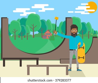 Black man on the Skate Park. Black man with a monopod for selfie. Monopod Selfie. Sports playground with a black man in a modern flat design.Park area with trees in the background.