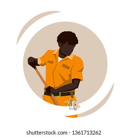 Black man in orange clothes. Mopping the floor. Sticker or avatar in the circle.