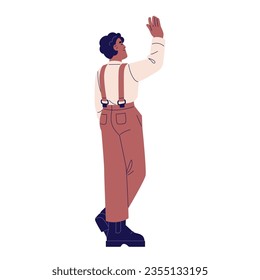 Black man in pants with suspenders welcome, back view. Boy standing, up hand and waving. Young person in trousers greet, student gesture Hi, Bye. Flat isolated vector illustration on white background