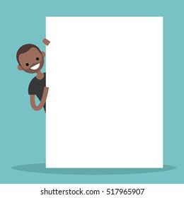 Black man peeping from behind a blank board mock up / Copy space. Your text here. Editable flat vector illustration, clip art