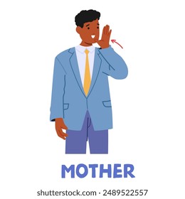 Black Man Performing The Sign Language Gesture For The Word Mother. Cartoon Character Wearing A Blue Formal Suit. Vector Illustration Ideal For Educational And Communication Related Projects