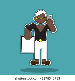 Black Man with a phone, vector image, a man calls on the phone. Mobile phone.Clipart, vector.