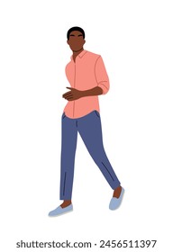 Black man in a pink shirt and blue pants is walking. Handsome african american guy wearing street style smart casual office clothes. Vector flat colorful illustration isolated on a white background.