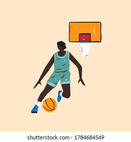 A black man playing basketball vector cartoon illustration. Player in form dribbles in flat style. Champions league design poster.